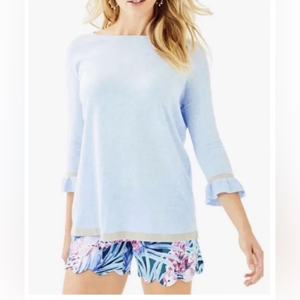 Lilly Pulitzer Blue Metallic Trim Ruffle Cuff CHARLA SWEATER Bell Sleeve Sz M